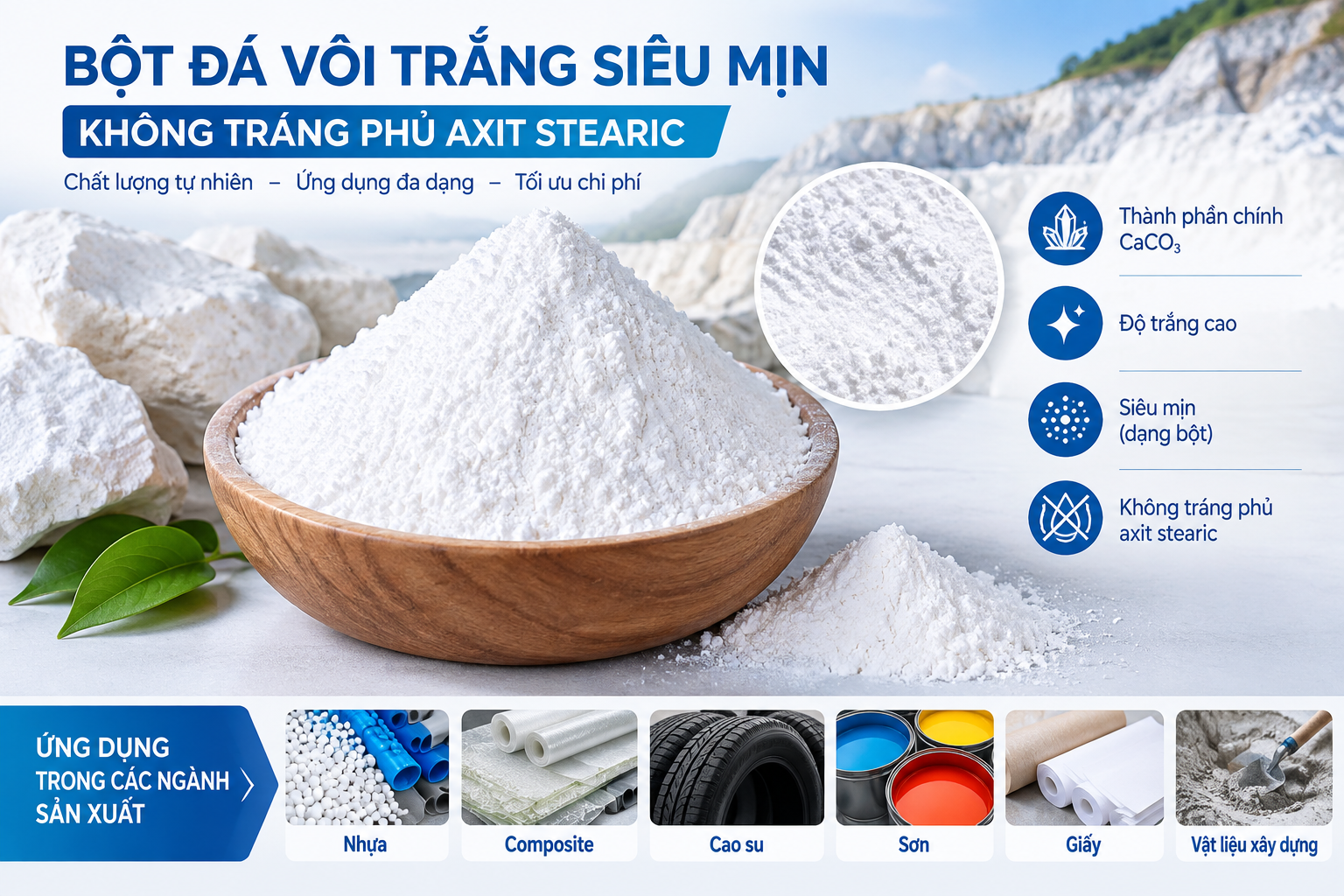 Bột đá vôi trắng siêu mịn không phủ stearic | NBD01AA - Nguyễn Bảo Đăng